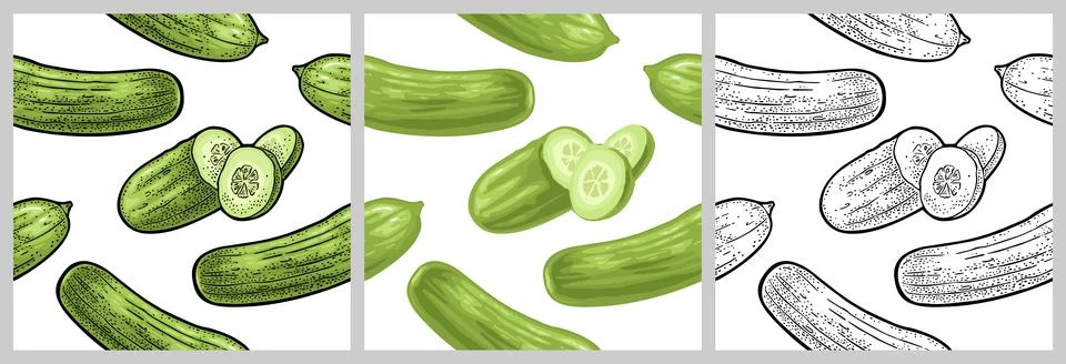 Seamless pattern fresh green cucumbers. Isolated on the white background. Stock Illustration