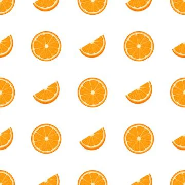Seamless pattern with fresh half and cut slice orange fruit on white. Vector. Stock Illustration