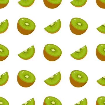 Seamless pattern with fresh half and slice kiwi fruit on white background. Su Stock Illustration