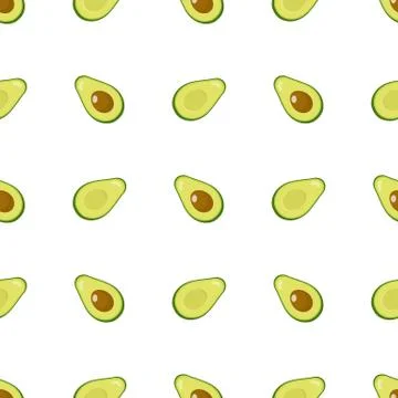 Seamless pattern with fresh half avocado isolated on white background. Vector. Stock Illustration