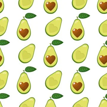 Seamless pattern with fresh half avocado with heart isolated on white backgro Stock Illustration