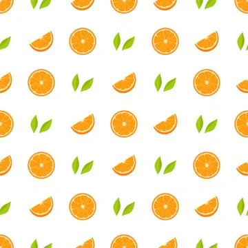 Seamless pattern with fresh half, cut slice of orange fruit and green leaves  스톡 일러스트