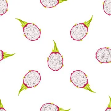 Seamless pattern with fresh half cut red pitaya fruits isolated on white back Stock Illustration