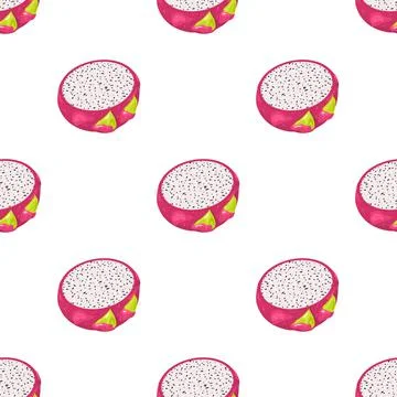 Seamless pattern with fresh half cut red pitaya fruits isolated on white back Stock Illustration