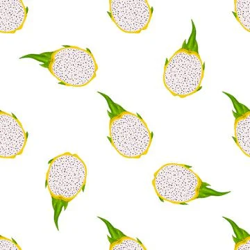 Seamless pattern with fresh half cut yellow pitaya fruits isolated on white b Stock Illustration