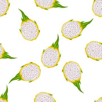 Seamless pattern with fresh half cut yellow pitaya fruits isolated on white b Stock Illustration