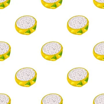 Seamless pattern with fresh half cut yellow pitaya fruits isolated on white b Stock Illustration