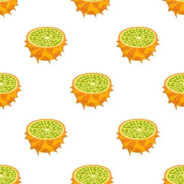 Seamless pattern with fresh half cut yellow kiwano fruit isolated on white ba Stock Illustration