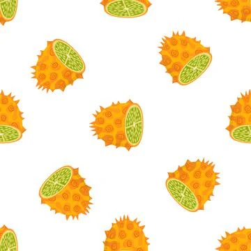 Seamless pattern with fresh half cut yellow kiwano fruit isolated on white ba Stock Illustration