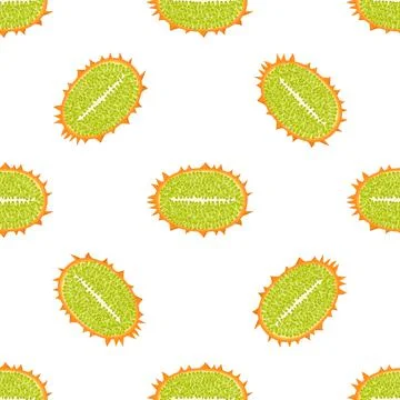 Seamless pattern with fresh half cut yellow kiwano fruit isolated on white ba Stock Illustration