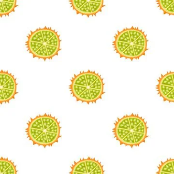 Seamless pattern with fresh half cut yellow kiwano fruit isolated on white ba Stock Illustration
