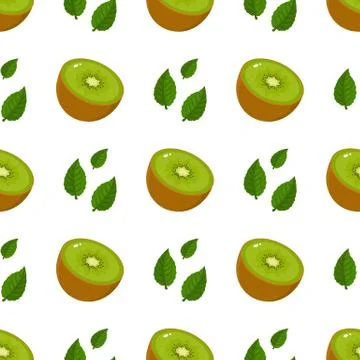 Seamless pattern with fresh half kiwi fruit and leaves on white background. S Stock Illustration