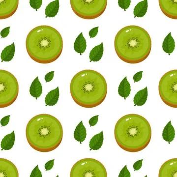 Seamless pattern with fresh half kiwi fruit and leaves on white background. S 스톡 일러스트