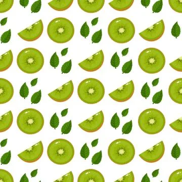 Seamless pattern with fresh half slice kiwi fruit and leaves on white backgro Stock Illustration