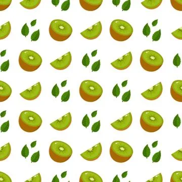 Seamless pattern with fresh half slice kiwi fruit and leaves on white backgro Stock Illustration