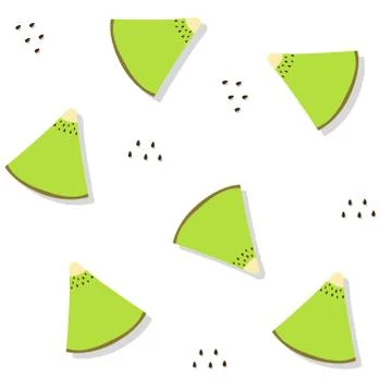 Seamless pattern of fresh kiwi slices with seeds and drop shadow. Fresh summe Stock Illustration