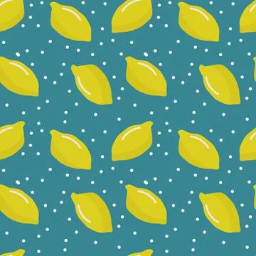Seamless pattern with fresh lemons and white dots. Colorful bright background Stock Illustration