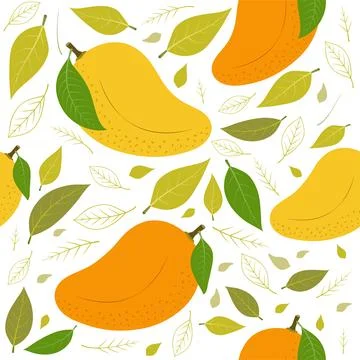 Seamless pattern with fresh mangoes and leaves Stock Illustration