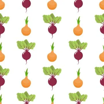 Seamless pattern with fresh onion and beet vegetables. Organic food. Vector. Stockillustratie
