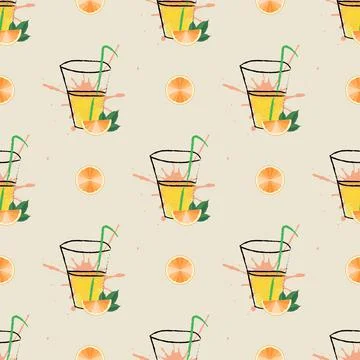 Seamless pattern Fresh orange juice in a glass. Citrus natural fruit drink in Stock Illustration