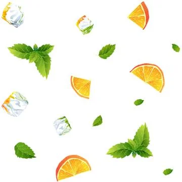 Seamless pattern, fresh orange, mint and Ice cubes Stock Illustration