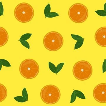 Seamless pattern with fresh orange slices and green leaves on yellow background Stock Illustration