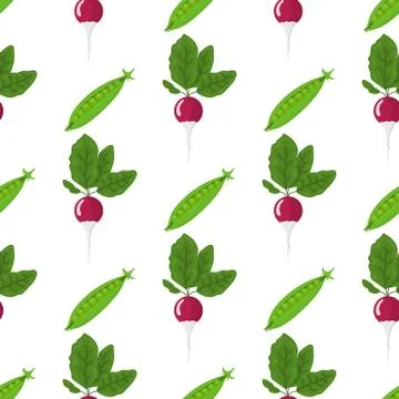 Seamless pattern with fresh pea and radish vegetables. Organic food. Vector. 스톡 일러스트