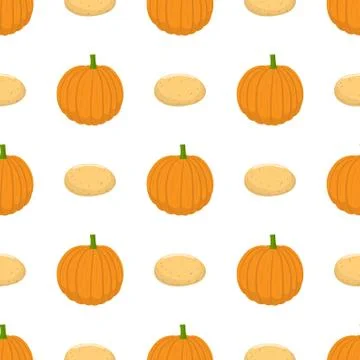 Seamless pattern with fresh pumpkin and potato vegetables. Vector illustration. Stock Illustration