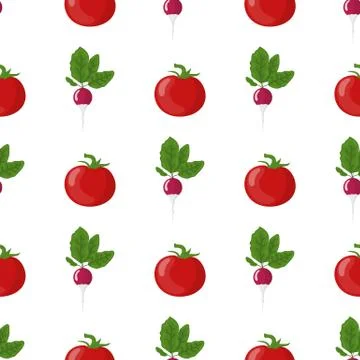 Seamless pattern with fresh radish and tomato vegetables. Organic food. Vector. 스톡 일러스트