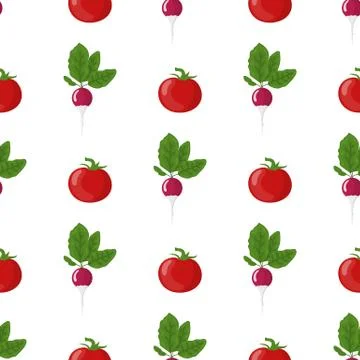 Seamless pattern with fresh radish and tomato vegetables. Organic food. Vector. 스톡 일러스트