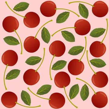 Seamless pattern with fresh red cherries and green leaves on pink background Stock Illustration