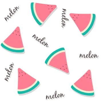 Seamless pattern of fresh red melon slices with lettering and drop shadow. Su Stock Illustration