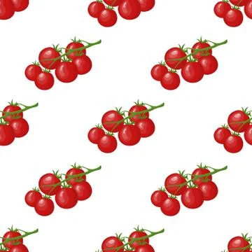Seamless pattern with fresh red tomato vegetable. Tomato cherry branch. Vector. Stock Illustration