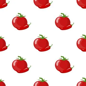 Seamless pattern with fresh red tomato and chilli pepper isolated on white Stock Illustration