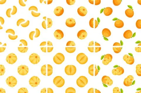 Seamless pattern with fresh ripe mandarins, peeled mandarin slices and mandarin Stock-Illustration