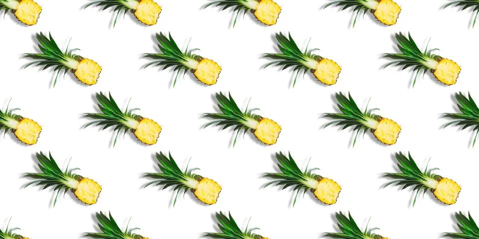 Seamless pattern of fresh ripe pineapple halves isolated on white background Stock Photos