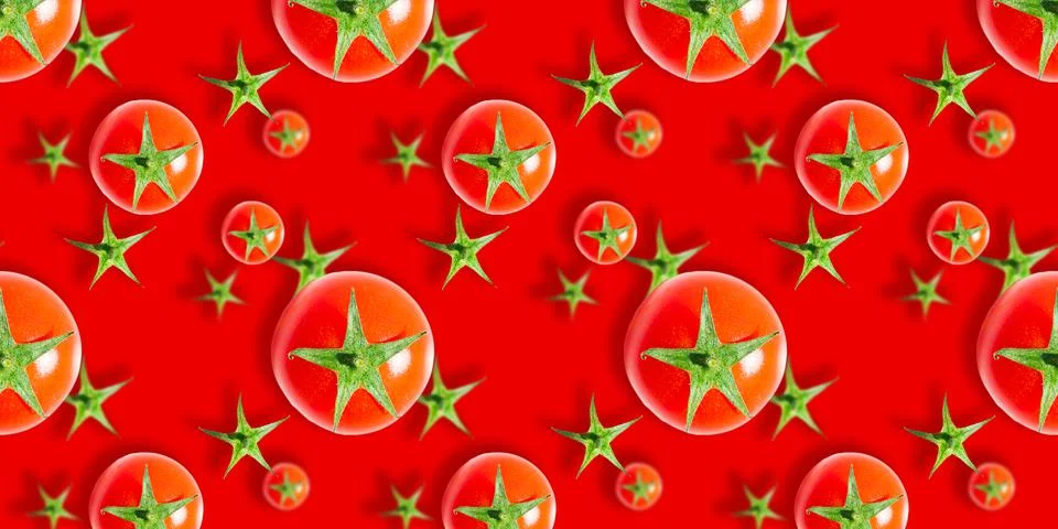 Seamless pattern of fresh ripe red cherry tomatoes isolated on red background Stock Photos