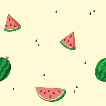 Seamless pattern with fresh ripe watermelon slices and whole watermelon, vector Stock Illustration