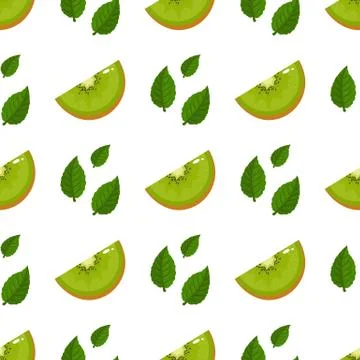 Seamless pattern with fresh slice kiwi fruit and leaves on white background.  Stock Illustration