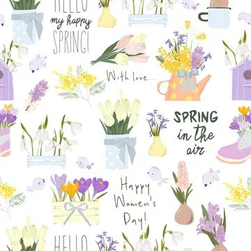 Seamless Pattern with Fresh Spring Flowers Bouquets and Birds Stock Illustration