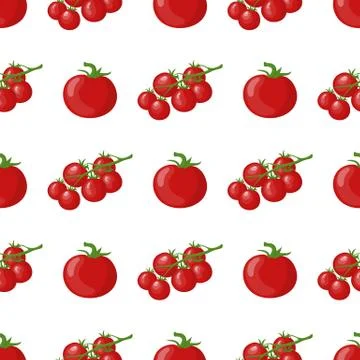 Seamless pattern with fresh tomato and cherry tomato branch vegetables. Vector. Stock Illustration