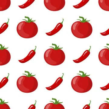 Seamless pattern with fresh tomato and chilli pepper vegetables. Vector. Stockillustratie