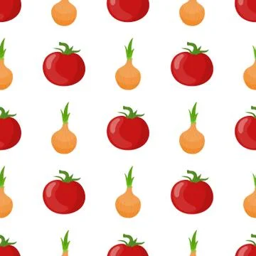 Seamless pattern with fresh tomato and onion vegetables. Organic food. Vector. Stock Illustration