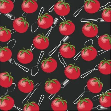 Seamless pattern fresh tomato fork spoon and knife Stock Illustration