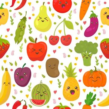 Seamless pattern with fresh vegetables and fruits. Vegetarian background. H.. Stock Illustration