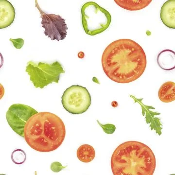 A seamless pattern of fresh vegetables and salad leaves. Tomato, cucumber, onion Stock Photos