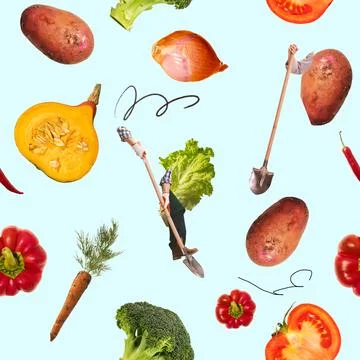 Seamless pattern with fresh vegetables, gardening tools, and human arms against Stock Photos