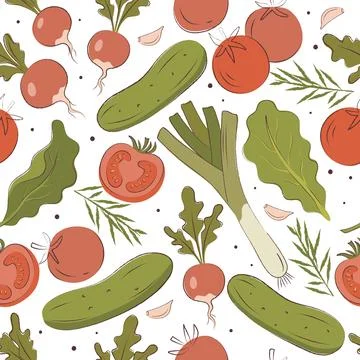 Seamless pattern with fresh vegetables in hand drawn line art style for kit.. Illustrazione stock