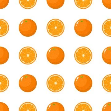 Seamless pattern with fresh whole and half orange fruit on white background.  Stock Illustration