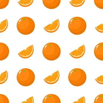 Seamless pattern with fresh whole and cut slice orange fruit on white. Vector. Stock Illustration